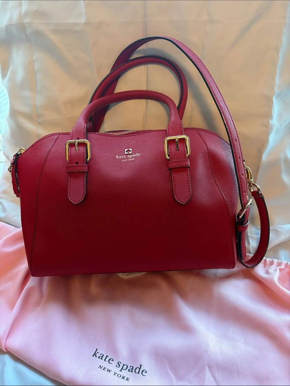 Kate Spade Red Saffiano Leather Satchel Crossbody Bag + Dust Bag